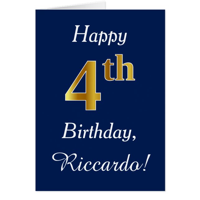 Blue, Faux Gold 4th Birthday + Custom Name Cards (Front)