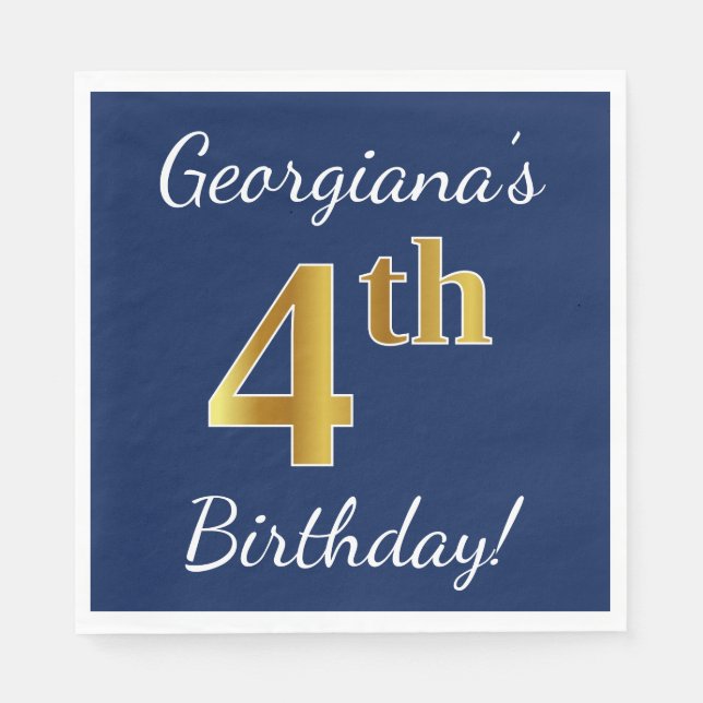 Blue, Faux Gold 4th Birthday + Custom Name Paper Napkins (Front)