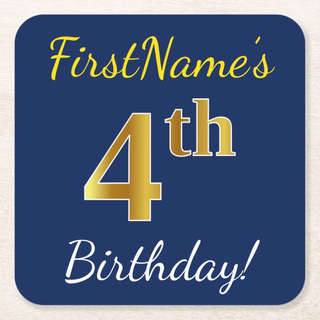 Blue, Faux Gold 4th Birthday + Custom Name Square Paper Coaster (Front)