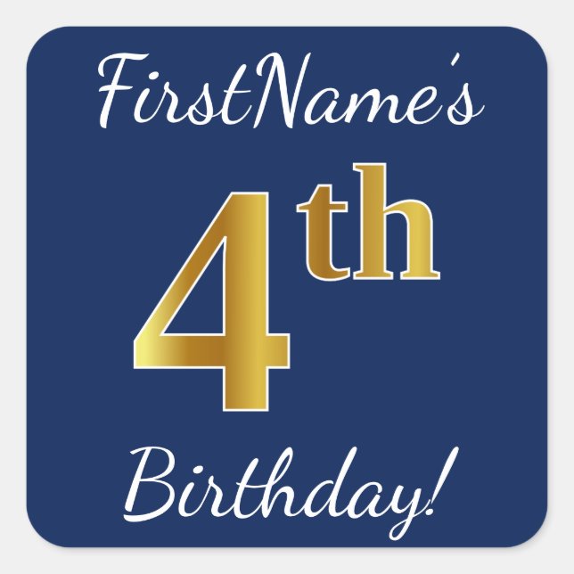Blue, Faux Gold 4th Birthday + Custom Name Sticker (Front)