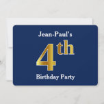 [ Thumbnail: Blue, Faux Gold 4th Birthday Party + Custom Name Invitation ]