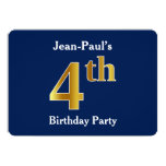 [ Thumbnail: Blue, Faux Gold 4th Birthday Party + Custom Name Invitation ]