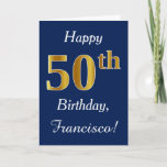 [ Thumbnail: Blue, Faux Gold 50th Birthday + Custom Name Card ]
