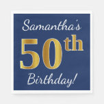 [ Thumbnail: Blue, Faux Gold 50th Birthday + Custom Name Paper Napkin ]