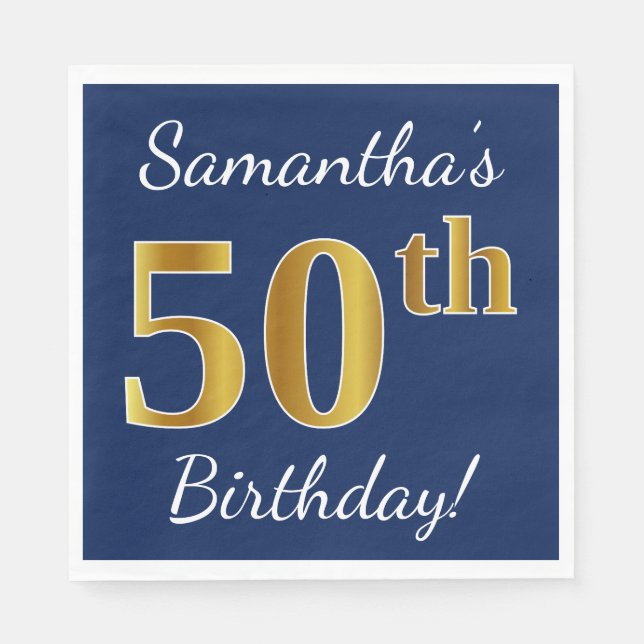 Blue, Faux Gold 50th Birthday + Custom Name Paper Napkins (Front)