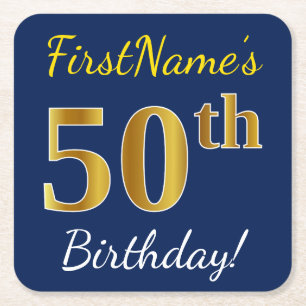 Blue, Faux Gold 50th Birthday + Custom Name Square Paper Coaster