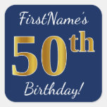 [ Thumbnail: Blue, Faux Gold 50th Birthday + Custom Name Sticker ]