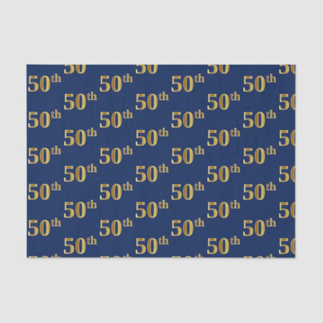 Blue, Faux Gold 50th (Fiftieth) Event Tissue Paper (Front)