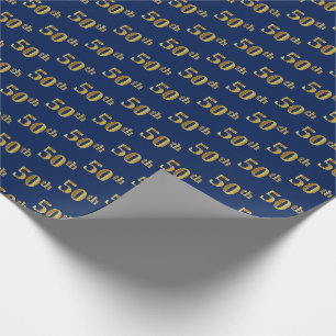 Blue, Faux Gold 50th (Fiftieth) Event Wrapping Paper