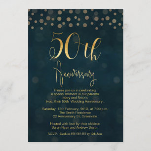 Blue Faux Gold 50th Wedding Anniversary Invitation