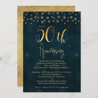 Blue Faux Gold 50th Wedding Anniversary Invitation | Zazzle