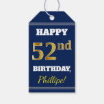 [ Thumbnail: Blue, Faux Gold 52nd Birthday + Custom Name Gift Tags ]