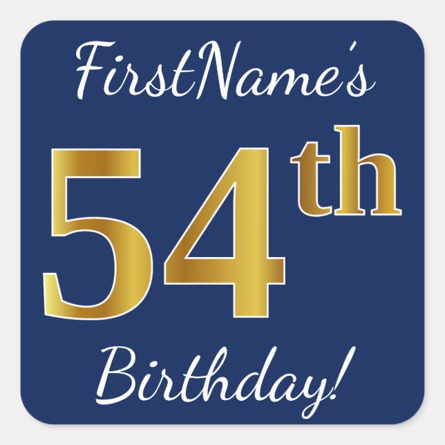 Blue, Faux Gold 54th Birthday + Custom Name Square Sticker (Front)