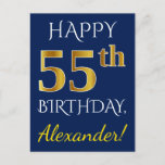 [ Thumbnail: Blue, Faux Gold 55th Birthday + Custom Name Postcard ]