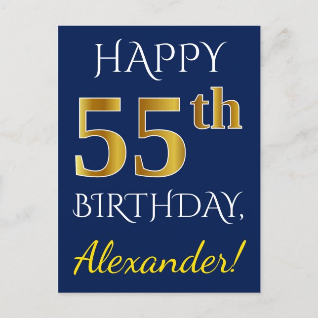 Blue, Faux Gold 55th Birthday + Custom Name Postcard (Front)