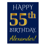 [ Thumbnail: Blue, Faux Gold 55th Birthday + Custom Name Postcard ]