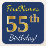 [ Thumbnail: Blue, Faux Gold 55th Birthday + Custom Name Paper Coaster ]
