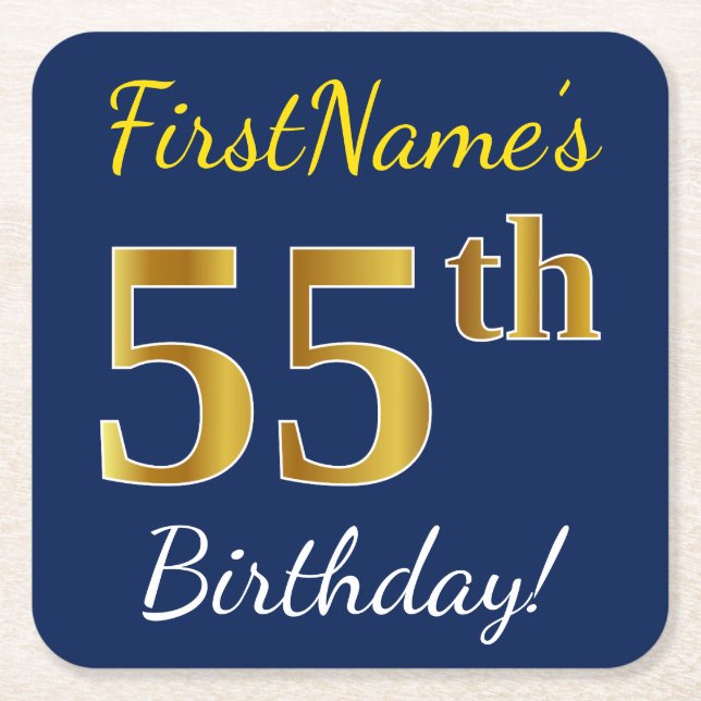 Blue, Faux Gold 55th Birthday + Custom Name Square Paper Coaster (Front)