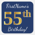 [ Thumbnail: Blue, Faux Gold 55th Birthday + Custom Name Sticker ]