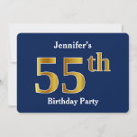 [ Thumbnail: Blue, Faux Gold 55th Birthday Party + Custom Name Invitation ]
