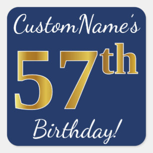 Blue, Faux Gold 57th Birthday + Custom Name Square Sticker