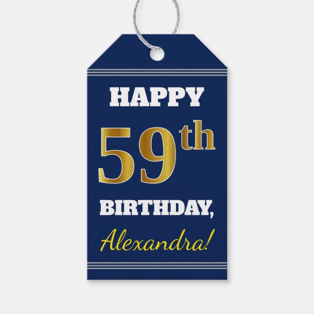 Blue, Faux Gold 59th Birthday + Custom Name Gift Tags (Front)