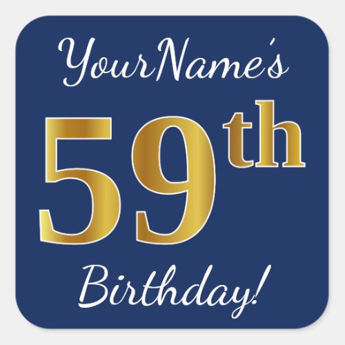 Blue Faux Gold 59th Birthday  Custom Name Square Sticker