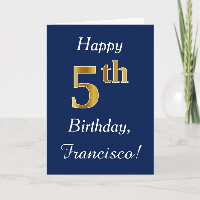 Blue, Faux Gold 5th Birthday + Custom Name Card (Front)