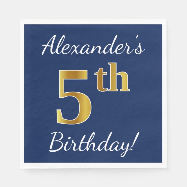 Blue, Faux Gold 5th Birthday + Custom Name Paper Napkins (Front)
