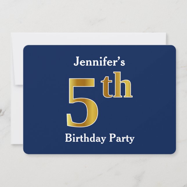 Blue, Faux Gold 5th Birthday Party + Custom Name Invitation (Front)