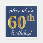 [ Thumbnail: Blue, Faux Gold 60th Birthday + Custom Name Paper Napkin ]