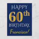 [ Thumbnail: Blue, Faux Gold 60th Birthday + Custom Name Postcard ]
