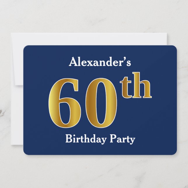 Blue, Faux Gold 60th Birthday Party + Custom Name Invitation (Front)