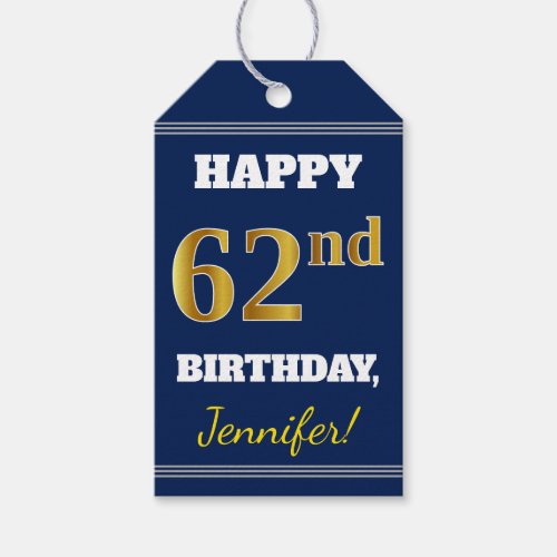 Blue Faux Gold 62nd Birthday  Custom Name Gift Tags