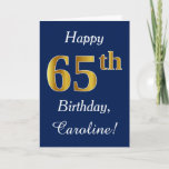 [ Thumbnail: Blue, Faux Gold 65th Birthday + Custom Name Card ]