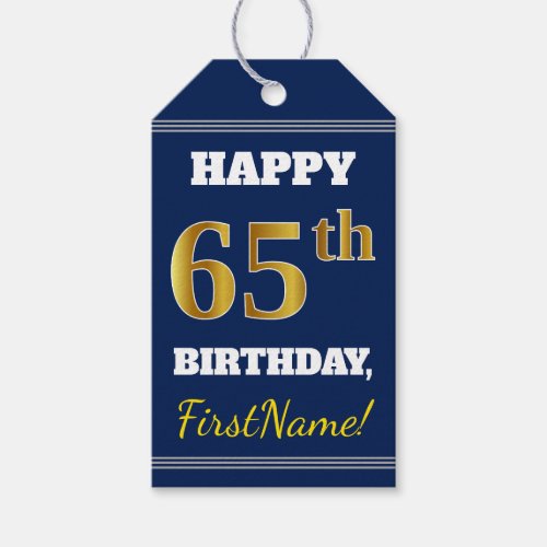 Blue Faux Gold 65th Birthday  Custom Name Gift Tags