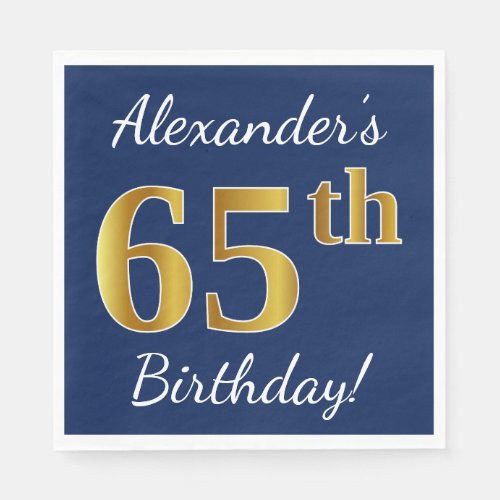 Blue Faux Gold 65th Birthday  Custom Name Napkins