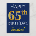 [ Thumbnail: Blue, Faux Gold 65th Birthday + Custom Name Postcard ]