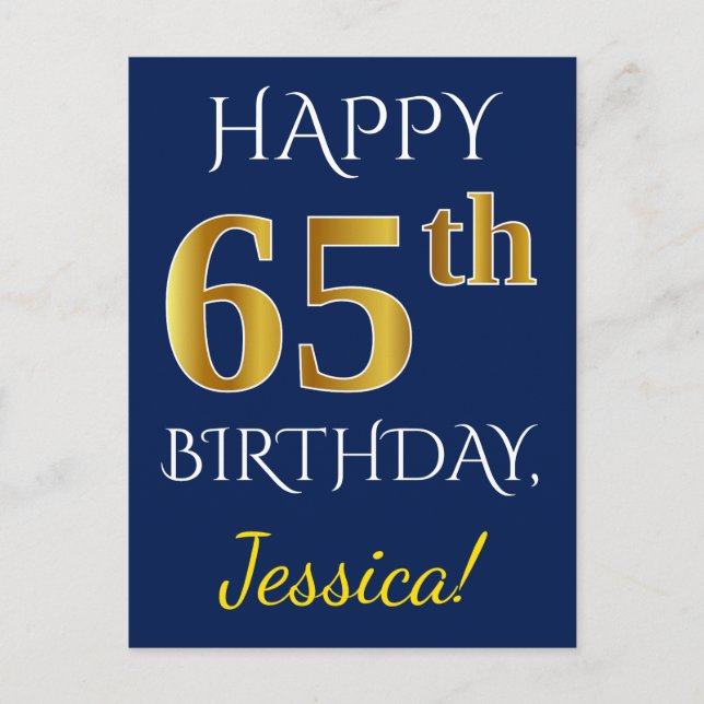 Blue, Faux Gold 65th Birthday + Custom Name Postcard (Front)