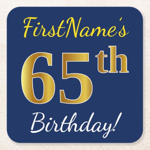 Blue Faux Gold 65th Birthday  Custom Name Square Paper Coaster