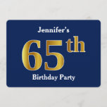 [ Thumbnail: Blue, Faux Gold 65th Birthday Party + Custom Name Invitation ]