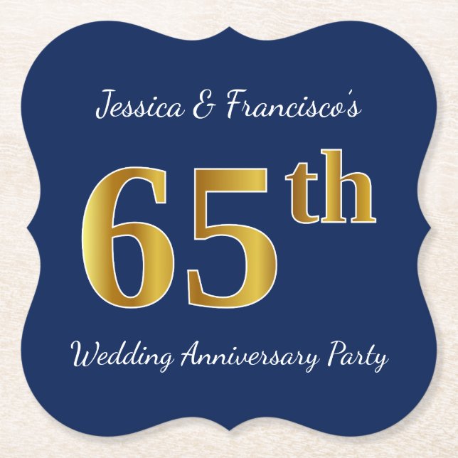 Blue, Faux Gold 65th Wedding Anniversary Party Paper Coaster (Front)