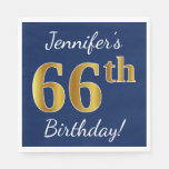 [ Thumbnail: Blue, Faux Gold 66th Birthday + Custom Name Napkin ]