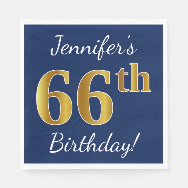 Blue, Faux Gold 66th Birthday + Custom Name Napkins (Front)
