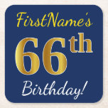 [ Thumbnail: Blue, Faux Gold 66th Birthday + Custom Name Paper Coaster ]