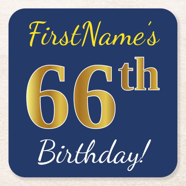 Blue, Faux Gold 66th Birthday + Custom Name Square Paper Coaster (Front)