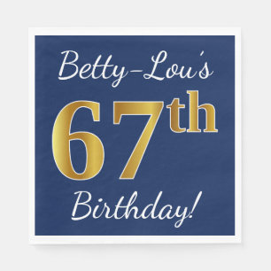 Blue, Faux Gold 67th Birthday + Custom Name Napkins