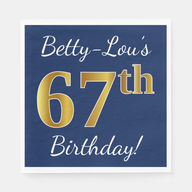 Blue, Faux Gold 67th Birthday + Custom Name Napkins (Front)
