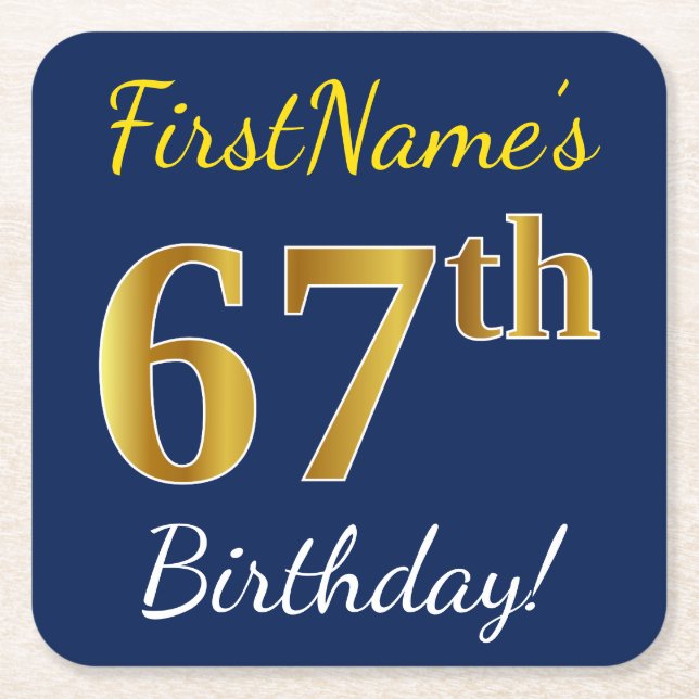 Blue, Faux Gold 67th Birthday + Custom Name Square Paper Coaster (Front)