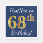 [ Thumbnail: Blue, Faux Gold 68th Birthday + Custom Name Napkins ]